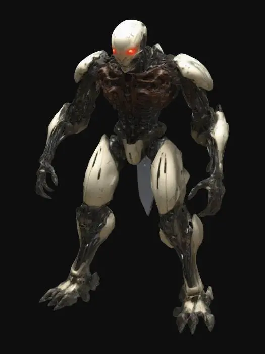 3D model for a bio-organic robot that fuses sleek mechanical elements with organic, muscular forms reminiscent of Todd McFarlane's dynamic lines, Joe Madureira's exaggerated proportions, and Frank Frazetta's intense energy. Imagine a menacing figure with intricate biomechanical features, glowing veins, and an imposing stance, evoking the relentless power of the Terminator.