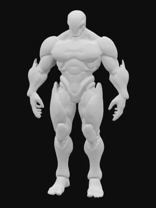 3D model for a bio-organic robot that fuses sleek mechanical elements with organic, muscular forms reminiscent of Todd McFarlane's dynamic lines, Joe Madureira's exaggerated proportions, and Frank Frazetta's intense energy. Imagine a menacing figure with intricate biomechanical features, glowing veins, and an imposing stance, evoking the relentless power of the Terminator.