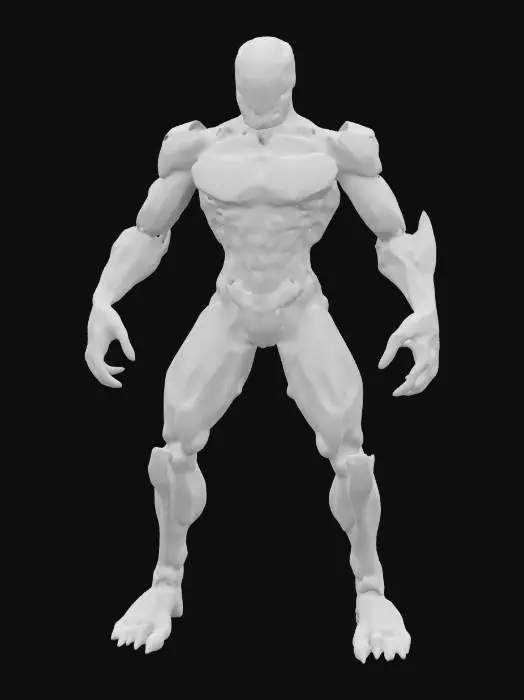 3D model for a bio-organic robot that fuses sleek mechanical elements with organic, muscular forms reminiscent of Todd McFarlane's dynamic lines, Joe Madureira's exaggerated proportions, and Frank Frazetta's intense energy. Imagine a menacing figure with intricate biomechanical features, glowing veins, and an imposing stance, evoking the relentless power of the Terminator.