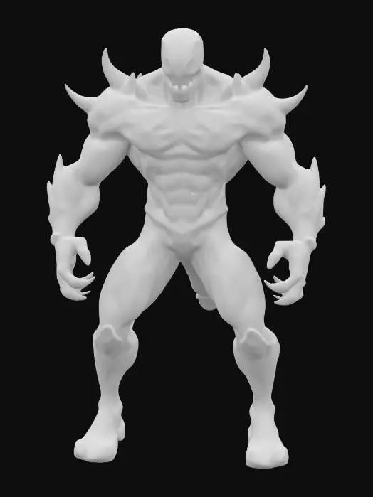3D model for a superhero with a sinewy, muscular build and textured skin resembling a dark, glossy symbiote. Intricate, glowing patterns ripple across his body, and he wears sharp, asymmetrical armor with jagged spikes, wielding an oversized weapon. His fierce face, with sharp features and gleaming white eyes, exudes menace and determination. The overall aesthetic combines gritty realism with dynamic proportions, evoking a powerful sense of movement. Stood in a static pose unarmed with arms at his side.