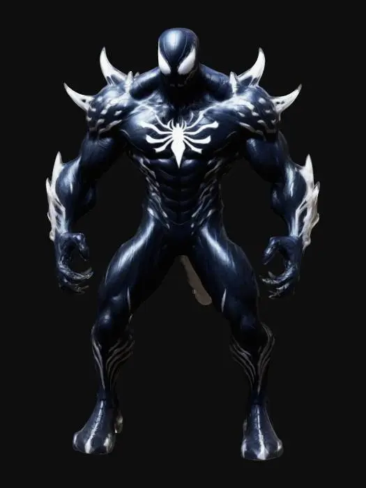 3D model for a superhero with a sinewy, muscular build and textured skin resembling a dark, glossy symbiote. Intricate, glowing patterns ripple across his body, and he wears sharp, asymmetrical armor with jagged spikes, wielding an oversized weapon. His fierce face, with sharp features and gleaming white eyes, exudes menace and determination. The overall aesthetic combines gritty realism with dynamic proportions, evoking a powerful sense of movement. Stood in a static pose unarmed with arms at his side.