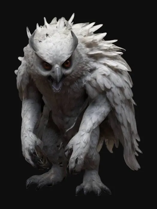 3D model for A high poly, hyper detailed, high resolution 3d model of a haunting and grotesque Owlbear. Realistic feathers, twisted proportions and anatomy. Highly textured, parallax. Insane attention to detail, very high quality. With a design inspired by Elden Ring, Tim Burton and the body horror of David Cronenberg.
