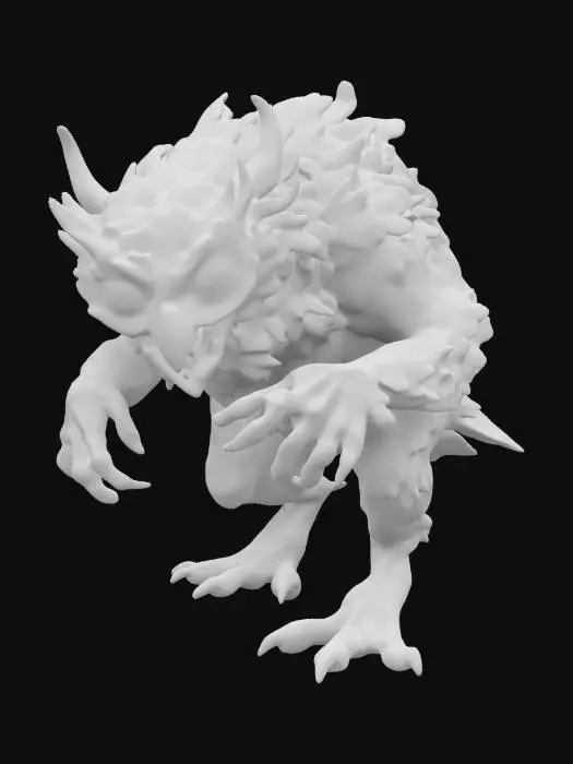 3D model for A high poly, hyper detailed, high resolution 3d model of a haunting and grotesque Owlbear. Realistic feathers, twisted proportions and anatomy. Highly textured, parallax. Insane attention to detail, very high quality. With a design inspired by Elden Ring, Tim Burton and the body horror of David Cronenberg.