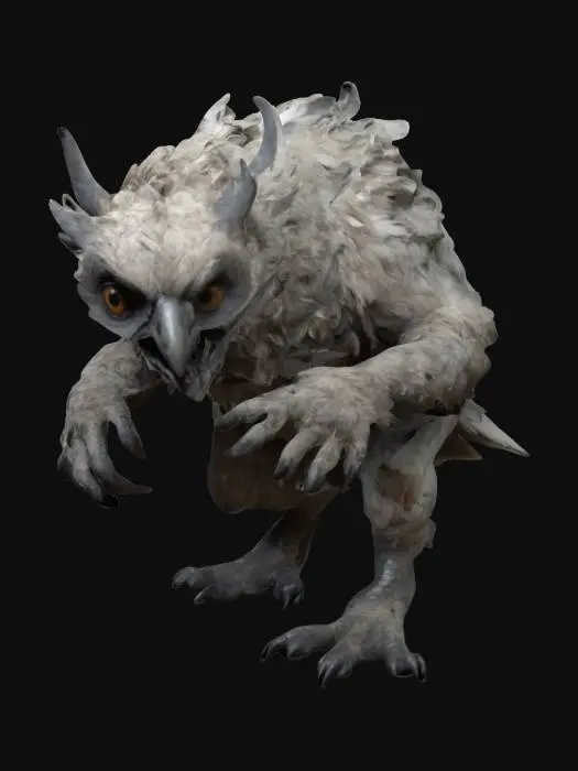 3D model for A high poly, hyper detailed, high resolution 3d model of a haunting and grotesque Owlbear. Realistic feathers, twisted proportions and anatomy. Highly textured, parallax. Insane attention to detail, very high quality. With a design inspired by Elden Ring, Tim Burton and the body horror of David Cronenberg.