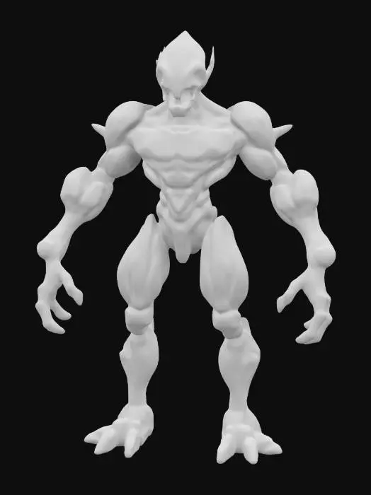 3D model for a hyperdetailed bio-organic robot with a muscular, sinewy structure, blending organic forms with metallic elements. Its exoskeleton glistens with a mix of chrome and dark organic textures, featuring glowing green lines coursing through it. Vines and biomechanical appendages intertwine, creating an imposing yet fluid figure. Eyes emit a fierce, haunting glow, reminiscent of a predator ready to strike. Stood in a static T-pose