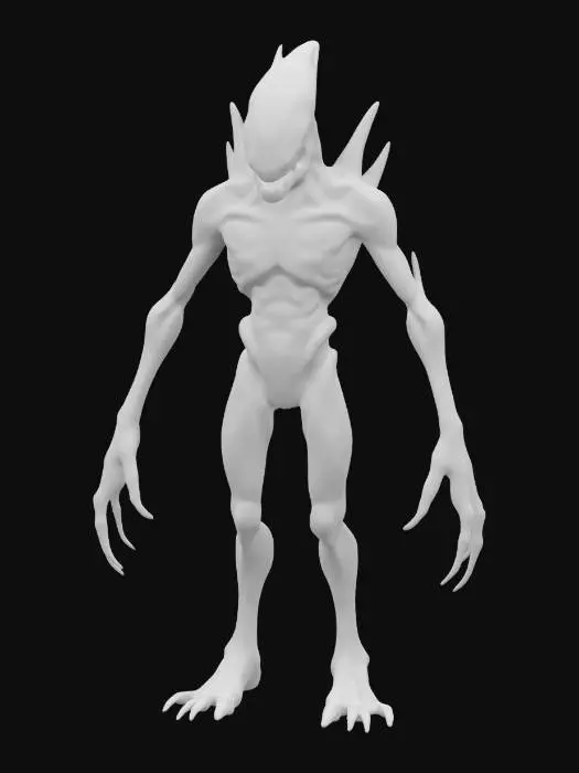 3D model for Standing six feet tall, this alien creature has a sleek, angular body cloaked in shimmering, metallic exoskeleton plates that ripple like liquid metal. Its elongated limbs are equipped with three articulated fingers for precision, while its triangular head boasts glowing, angular eyes set within a lattice of patterned skin. A phosphorescent dorsal fin runs down its back, pulsing softly, and allows for both communication and display during mating rituals.