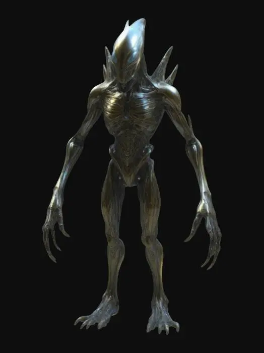 3D model for Standing six feet tall, this alien creature has a sleek, angular body cloaked in shimmering, metallic exoskeleton plates that ripple like liquid metal. Its elongated limbs are equipped with three articulated fingers for precision, while its triangular head boasts glowing, angular eyes set within a lattice of patterned skin. A phosphorescent dorsal fin runs down its back, pulsing softly, and allows for both communication and display during mating rituals.