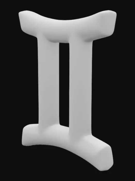 3D model for A glowing 3D zodiac symbol of Gemini, futuristic and elegant design, floating with soft light in space, centered geometry. ♊ 