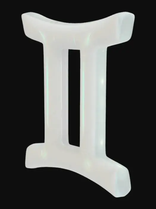 3D model for A glowing 3D zodiac symbol of Gemini, futuristic and elegant design, floating with soft light in space, centered geometry. ♊ 