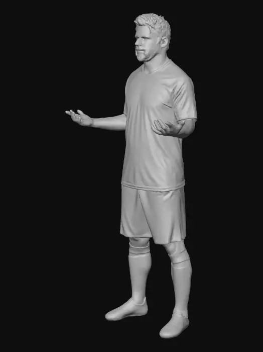 3D model for Ultra-high-quality realistic 3D character model inspired by Lionel Messi, professional football player.
Standing in a confident match-ready pose, feet shoulder-width apart, slight knee bend, relaxed arms, calm focused expression like before kickoff.
Wearing a modern black and yellow football jersey, premium fabric with realistic cloth folds, sweat-ready texture, short sleeves, black shorts, black socks, football boots.
Athletic but lean body proportions, accurate facial structure, short dark hair, subtle beard stubble.
Realistic skin shader, high-detail PBR textures, 4K texture quality, clean topology, optimized for games.
Neutral stadium-style lighting, no background, centered at origin, T-pose NOT required, natural standing pose.
Export as .glb, realistic scale (human height ~1.7m), smoo