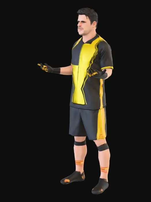 3D model for Ultra-high-quality realistic 3D character model inspired by Lionel Messi, professional football player.
Standing in a confident match-ready pose, feet shoulder-width apart, slight knee bend, relaxed arms, calm focused expression like before kickoff.
Wearing a modern black and yellow football jersey, premium fabric with realistic cloth folds, sweat-ready texture, short sleeves, black shorts, black socks, football boots.
Athletic but lean body proportions, accurate facial structure, short dark hair, subtle beard stubble.
Realistic skin shader, high-detail PBR textures, 4K texture quality, clean topology, optimized for games.
Neutral stadium-style lighting, no background, centered at origin, T-pose NOT required, natural standing pose.
Export as .glb, realistic scale (human height ~1.7m), smoo