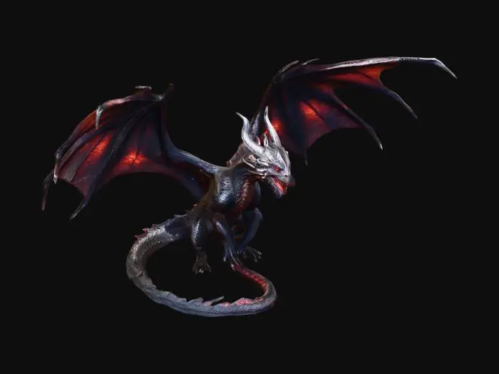 3D model for Ancient dark fantasy dragon, massive wings spread wide, ultra detailed scales, glowing red cracks on body, cinematic lighting, epic pose, hyper realistic, highly detailed textures, dramatic shadows, 8k, masterpiece