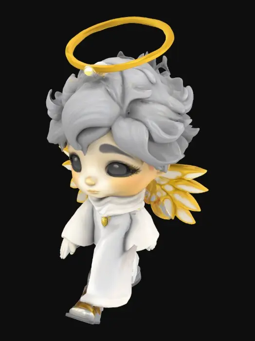 3D model for Create a cartoon-style 3D avatar of the angel Celestian for kids, with a calm, human look. Use Gray, Silver, and Gold to show balance, wisdom, and protection. He should have gentle features and peaceful aura that comforts children. Add symbols like scales and shield to show his role as guardian of harmony. Surround him with a soft silver glow to reflect his power to calm chaos and protect from harm. His presence should feel safe, kind, and steady, offering peace and guidance in a celestial way.
