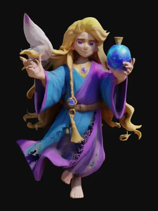 3D model for Cartoon 3D celestial male, radiant and serene. Flowing hair of golden light, eyes of violet flame—compassionate, wise. Wears robes of sky blue and royal purple, adorned with symbols of mercy and justice. Long hair undercut hairstyle. Surrounded by peacock feathers and soft divine light. Holds a horn of abundance and a sapphire orb. Floats above tranquil waters. Embodies divine mercy, balance, and the gentle power of grace.
