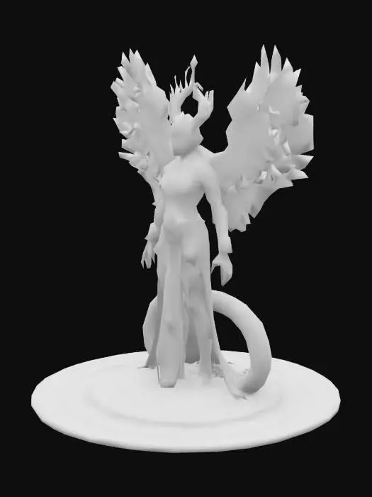 3D model for A majestic, androgynous figure of Quetzalcoatl, blending human and serpent forms, with large feathered wings made of fractal geometry and glowing ethereal light. The body is partly serpentine, partly humanoid, covered with ancient glyphs and cosmic patterns. The face is serene, wise, neither male nor female. A crown of obsidian and jade floats above the head, and the entire figure levitates above a circular Aztec calendar. The wings shimmer like sunlight on water, and the tail coils in a spiral of infinity. Divine, powerful, transcendent. Sculpted in a dynamic standing pose, stylized for 3D printing or rendering, ZBrush style, high-poly.