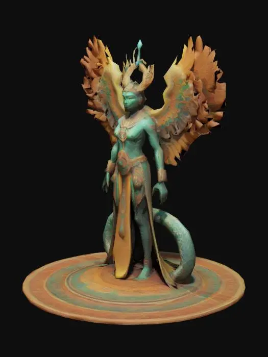 3D model for A majestic, androgynous figure of Quetzalcoatl, blending human and serpent forms, with large feathered wings made of fractal geometry and glowing ethereal light. The body is partly serpentine, partly humanoid, covered with ancient glyphs and cosmic patterns. The face is serene, wise, neither male nor female. A crown of obsidian and jade floats above the head, and the entire figure levitates above a circular Aztec calendar. The wings shimmer like sunlight on water, and the tail coils in a spiral of infinity. Divine, powerful, transcendent. Sculpted in a dynamic standing pose, stylized for 3D printing or rendering, ZBrush style, high-poly.