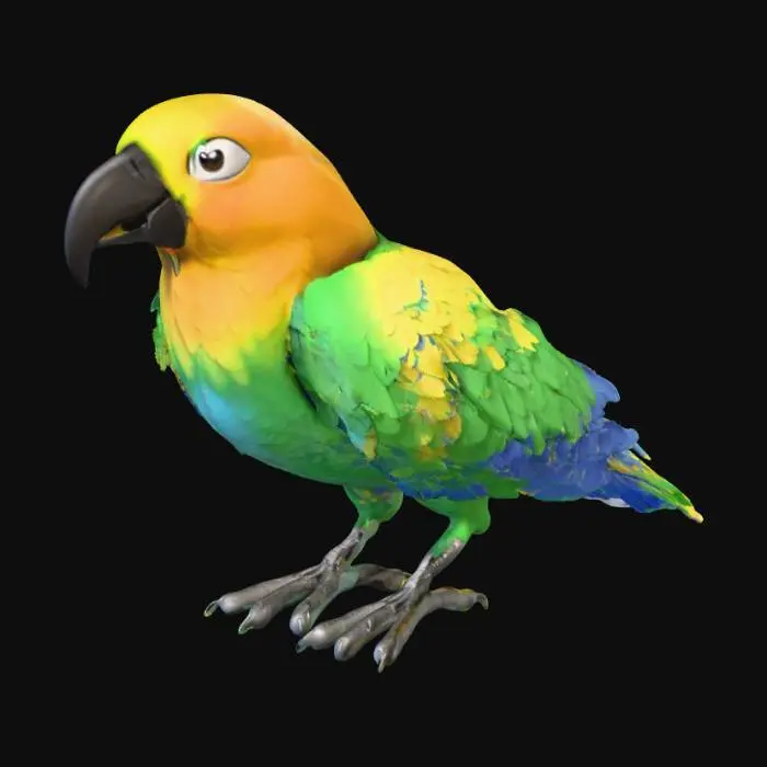 3D model for wygeneruj mi papuge kturaa będzie siedzieć na twojej ręce będzie miala bialo niebiesko żulte piura i durzu czarny dziub i okrągle zlote oczy