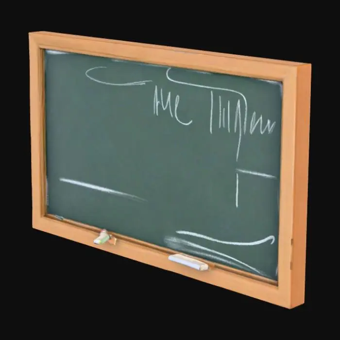 3D model for A realistic 3D model of a classic classroom chalkboard. Dark green board surface with a slightly dusty texture, subtle chalk smudges, and faint eraser marks. Wooden frame with a natural worn look. Small chalk pieces and an eraser resting on a narrow chalk tray. Neutral school environment style, no writings, no text, clean and ready for customization.