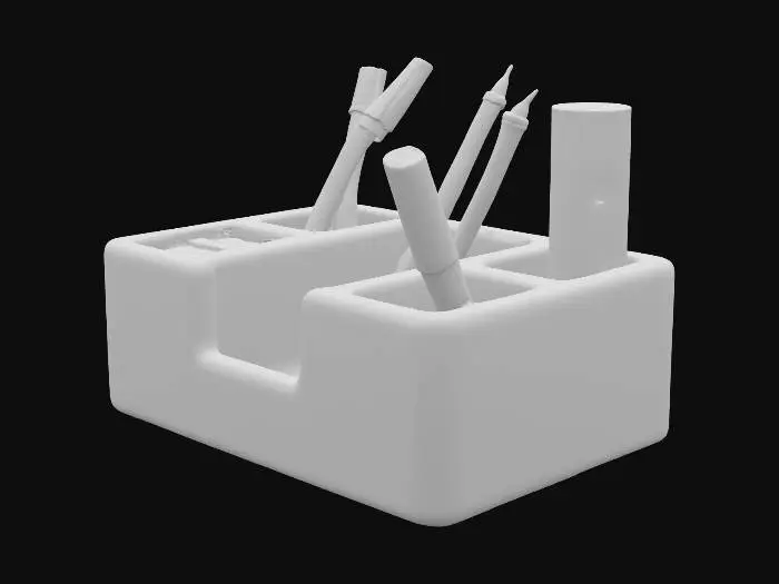 3D model for A sleek, rectangular desk organizer made from smooth, matte dark gray plastic. It features a robust, monolithic form with clean lines and subtly rounded edges. The top surface is segmented into various compartments: several tall, narrow cylindrical slots for pens and pencils, smaller rectangular depressions perfect for erasers and paper clips, and a specific, slightly wider rectangular slot designed to hold a vape device, ensuring a tidy and organized workspace.
