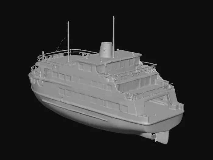 3D model for A classic ferry boat, crafted from smooth, painted material like metal or plastic. Windows are square, The hull is predominantly white with a vivid yellow stripe and a dark green lower section. Upper decks are dark green, bordered by white cylinder railings adorned with small red and white details. Two slender light brown masts, connected by thin black rigging, rise above. A white funnel with an orange base and a distinctive red emblem sits centrally. game ready model