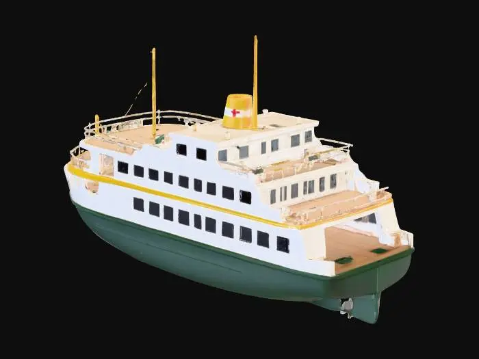 3D model for A classic ferry boat, crafted from smooth, painted material like metal or plastic. Windows are square, The hull is predominantly white with a vivid yellow stripe and a dark green lower section. Upper decks are dark green, bordered by white cylinder railings adorned with small red and white details. Two slender light brown masts, connected by thin black rigging, rise above. A white funnel with an orange base and a distinctive red emblem sits centrally. game ready model