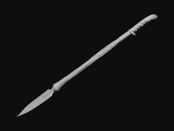 3D model for A stylized lance features a long, tapering shaft of dark, polished metallic alloy, intricately etched with glowing azure energy lines. Its sleek, elongated spearhead, forged from lustrous, mirrored chrome, is razor-sharp. A minimalist hilt with a comfortable, textured grip provides ergonomic control. The structure is elegant and lethal, possessing a smooth, cool-to-the-touch surface that belies its robust strength and futuristic design.
