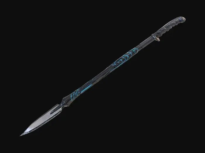 3D model for A stylized lance features a long, tapering shaft of dark, polished metallic alloy, intricately etched with glowing azure energy lines. Its sleek, elongated spearhead, forged from lustrous, mirrored chrome, is razor-sharp. A minimalist hilt with a comfortable, textured grip provides ergonomic control. The structure is elegant and lethal, possessing a smooth, cool-to-the-touch surface that belies its robust strength and futuristic design.