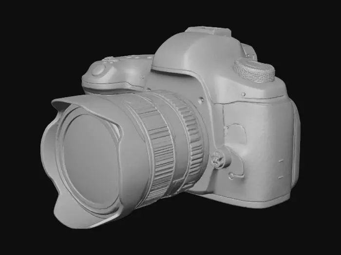 3D model for A professional DSLR camera in matte black, featuring a robust, ergonomically shaped body of durable plastic and rubberized grip textures. Its prominent cylindrical lens, made of metal and glass, extends from the front. The rear houses a smooth LCD screen and various textured control dials and buttons. This solid, weighty device feels cool and firm, designed for precision handling and photographic artistry.