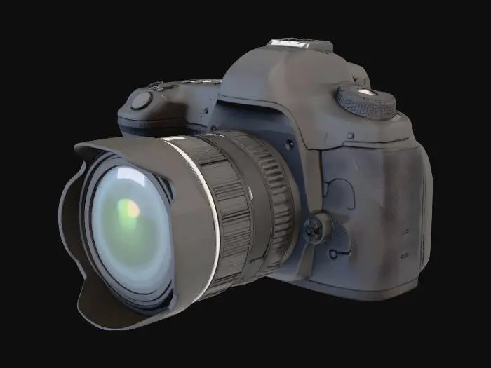 3D model for A professional DSLR camera in matte black, featuring a robust, ergonomically shaped body of durable plastic and rubberized grip textures. Its prominent cylindrical lens, made of metal and glass, extends from the front. The rear houses a smooth LCD screen and various textured control dials and buttons. This solid, weighty device feels cool and firm, designed for precision handling and photographic artistry.