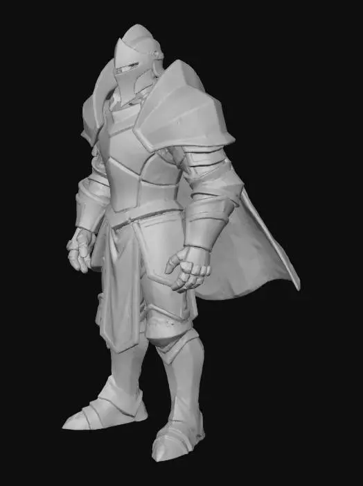 3D model for A stylized medieval character stands confidently, clad in gleaming silver plate armor with exaggerated pauldrons and articulated gauntlets, hinting at a lancer's robust protection. Deep crimson fabric underlays provide a striking color contrast against the polished metal. A distinctive, angular visored helmet completes the ensemble. The overall form is heroic and sharp, boasting a smooth, cool metallic texture and layered textiles, embodying strength and medieval valor, ready for battle.