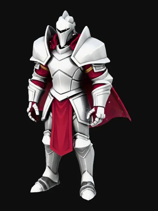3D model for A stylized medieval character stands confidently, clad in gleaming silver plate armor with exaggerated pauldrons and articulated gauntlets, hinting at a lancer's robust protection. Deep crimson fabric underlays provide a striking color contrast against the polished metal. A distinctive, angular visored helmet completes the ensemble. The overall form is heroic and sharp, boasting a smooth, cool metallic texture and layered textiles, embodying strength and medieval valor, ready for battle.