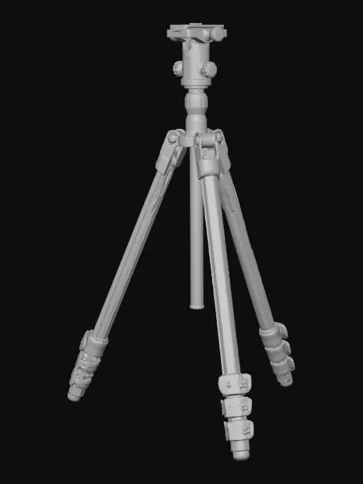 3D model for A sleek, professional black tripod crafted from durable matte aluminum alloy. It features three telescoping cylindrical legs, securely locked by textured plastic clasps. A central column extends vertically, topped by a quick-release plate and a smooth pan-tilt head. The entire surface has a uniform, non-reflective finish, providing a firm, cool-to-the-touch grip. Its robust, articulated structure ensures stability for cameras or equipment.