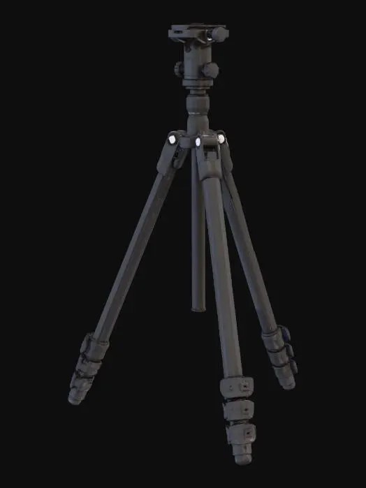 3D model for A sleek, professional black tripod crafted from durable matte aluminum alloy. It features three telescoping cylindrical legs, securely locked by textured plastic clasps. A central column extends vertically, topped by a quick-release plate and a smooth pan-tilt head. The entire surface has a uniform, non-reflective finish, providing a firm, cool-to-the-touch grip. Its robust, articulated structure ensures stability for cameras or equipment.