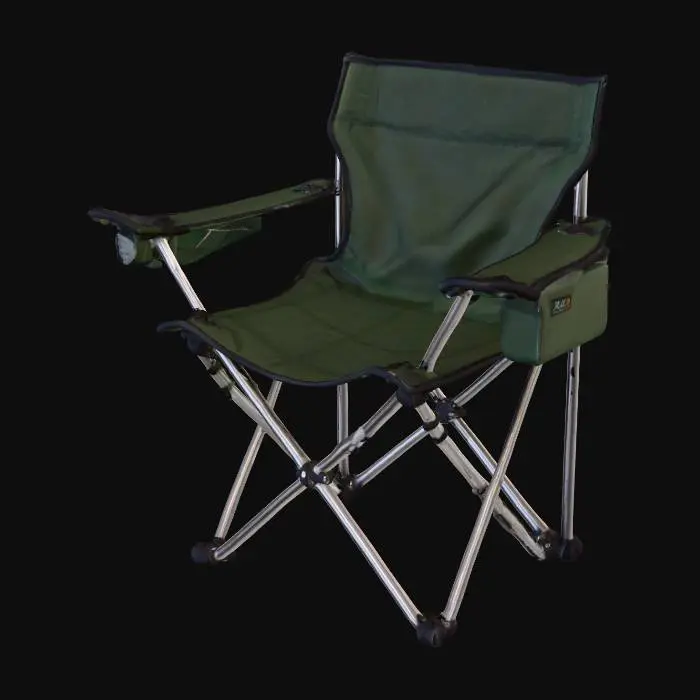 3D model for A lightweight, foldable camp chair featuring a sturdy X-frame structure made from smooth, tubular aluminum, exhibiting a subtle metallic sheen. The seating surface and backrest are constructed from durable, taut dark green polyester fabric with a slightly coarse, woven texture, offering a firm but flexible feel. Integrated into the armrests are flat, black plastic panels, one with a circular cup holder depression. The chair's overall shape is ergonomic, designed for compact storage, with the fabric conforming to a relaxed sitting posture.