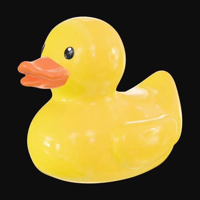 3D model for A classic bright yellow rubber duck, featuring a smooth, slightly glossy surface with a distinctly squishy, pliable tactile quality. Its simple, rounded structure includes an orange beak and two small, painted black eyes on either side of its head. The duck's form is iconic and cartoon-like, suggesting a buoyant and playful appearance.