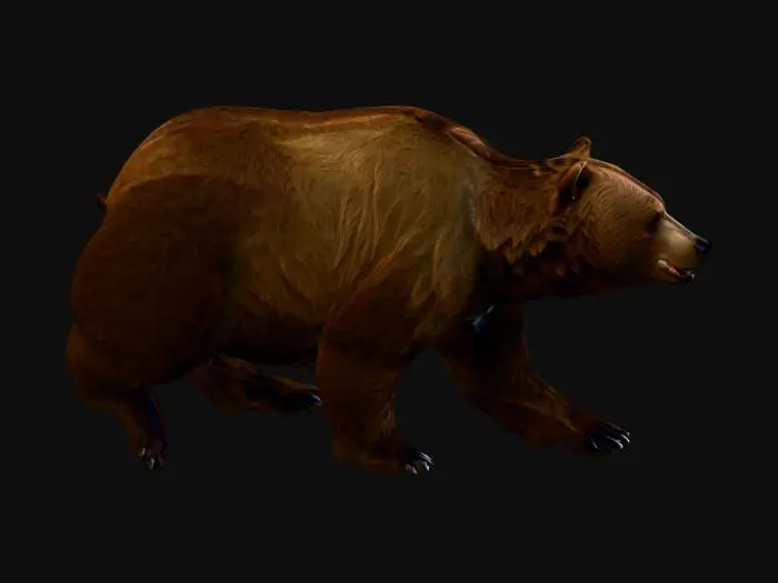 3D model for A massive grizzly brown bear, quadrupedal standing pose (on four legs), prominent shoulder hump, thick shaggy fur texture with varied dark brown and earthy tones, muscular build, rugged forest and mountain environment dweller, realistic snout and powerful claws, game ready asset, high-fidelity 3D model.