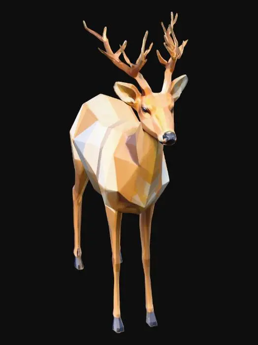 3D model for A low-poly stylized 3D model of a deer, made of simple geometric shapes with faceted surfaces and flat shading. Minimal polygon count, consistent low-poly art style.
