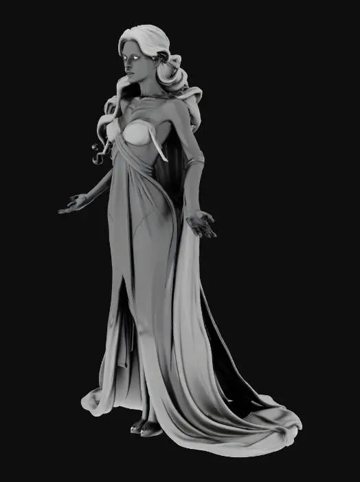 3D model for The Siren, a post-human resonance entity, manifests as feminine humanoid with subtly distorted, unsettling proportions. Her smooth yet warped skin reveals bone-like or crystallized resonance plates beneath the surface on the neck, chest, and abdomen. The face is calm and human at rest, with opaque eyes and a neutral expression, though her mouth is anatomically capable of unnatural expansion. Completely nude, her haunting silhouette embodies a dark, post-apocalyptic sci-fi evolution, devoid of any adornments or technology. Sexy Body. Perfect A pose - game ready character