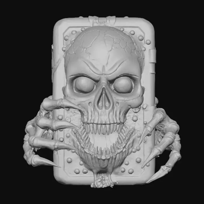 3D model for An alive, spooky Halloween cell phone, its cracked screen forming a grimacing, glowing face. Its dark, pulsating casing is textured with slimy decay. Five unsettling legs, each shaped like a gnarled, boney hand with sharp fingernails, protrude from its base, enabling a creepy crawl. Faint green ooze seeps from its seams, giving it a grotesque and truly unnerving appearance, perfect for a haunted digital realm. #Halloween2025#