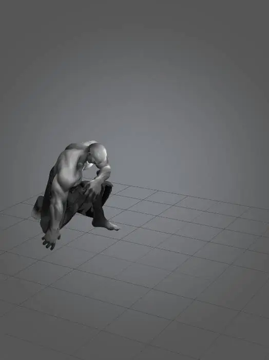 3D model for Generate a 3D model based on this image. The character should have a realistic yet slightly stylized sculpt, maintaining the dark, mysterious aesthetic. Capture the muscular definition, flowing robe, and dramatic pose. Ensure detailed textures for skin, fabric, and shadows. Keep the monochrome tone but allow for realistic shading and depth. Focus on anatomical accuracy and expressive details in the face and hands.