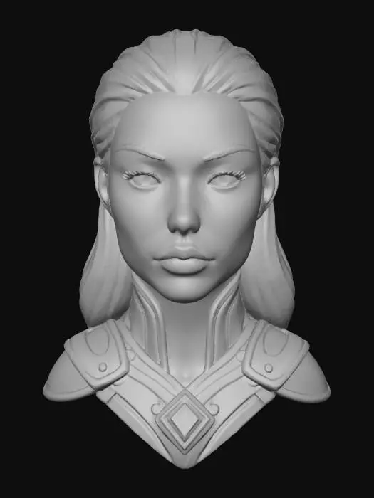 3D model for Create a hyper-stylized 3D portrait head of a , glamorous female avatar 3d image that blends fantasy character illustration with cinematic rendering techniques — almost like the visuals you’d see in a polished mobile RPG splash screen or a Pixar/Disney-inspired animated . Create or make a hyper-realistic female 36,25, 34 on measurements She is a ceramic and resin-infused sculpture skin is fair, porcelain-smooth with a glossy, almost airbrushed vinyl finish. Highlighter is dramatically applied to his cheekbones and the tip of his nose, catching the soft studio lighting with a dewy, reflective glow. displayed in a museum-style gallery, captured in a professional studio photograph. The figure is presented in a stylized
