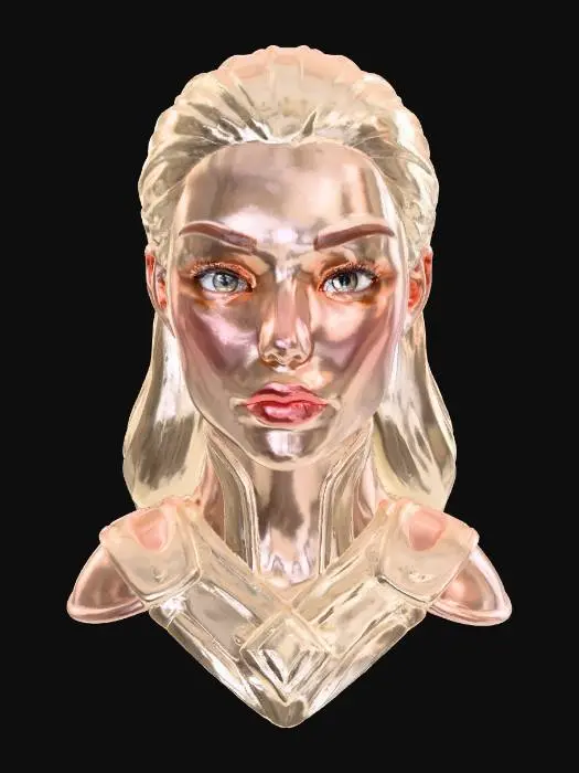3D model for Create a hyper-stylized 3D portrait head of a , glamorous female avatar 3d image that blends fantasy character illustration with cinematic rendering techniques — almost like the visuals you’d see in a polished mobile RPG splash screen or a Pixar/Disney-inspired animated . Create or make a hyper-realistic female 36,25, 34 on measurements She is a ceramic and resin-infused sculpture skin is fair, porcelain-smooth with a glossy, almost airbrushed vinyl finish. Highlighter is dramatically applied to his cheekbones and the tip of his nose, catching the soft studio lighting with a dewy, reflective glow. displayed in a museum-style gallery, captured in a professional studio photograph. The figure is presented in a stylized