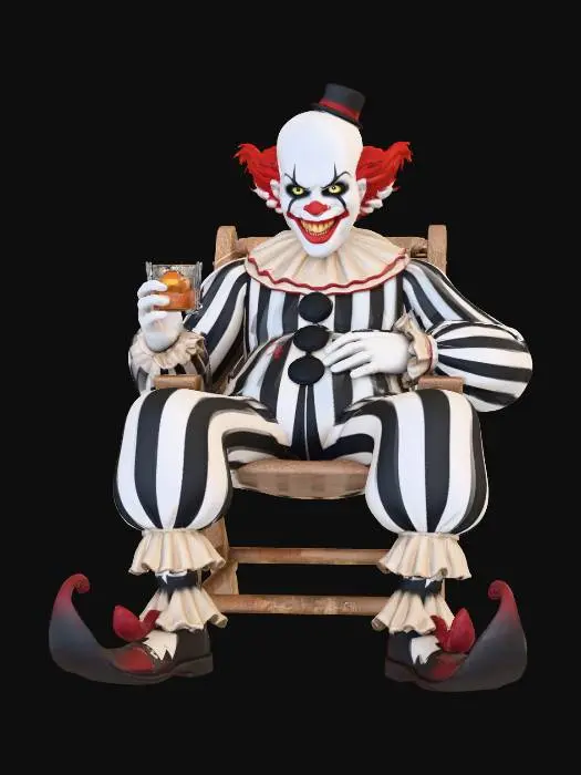 3D model for the terrifier clown sunbathing on a deck chair drinking wisky