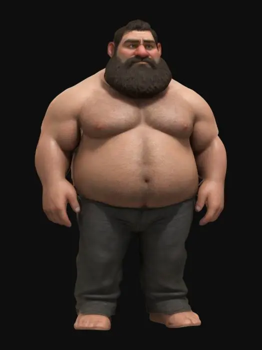 3D model for Körperlich ist er ein großer, stämmiger Mann mit kräftiger Statur. Er hat meist mittellanges bis langes, oft ungepflegtes Haar und trägt gelegentlich einen Bart. Sein Gesicht ist rundlich mit markanten Wangen und einer breiten Nase. Seine Haut ist oft leicht gerötet, und er hat sichtbare Körperfülle. Seine Kleidung ist meist leger und kann variieren, oft bestehend aus T-Shirts und bequemen Hosen. Seine Haltung ist eher schwerfällig