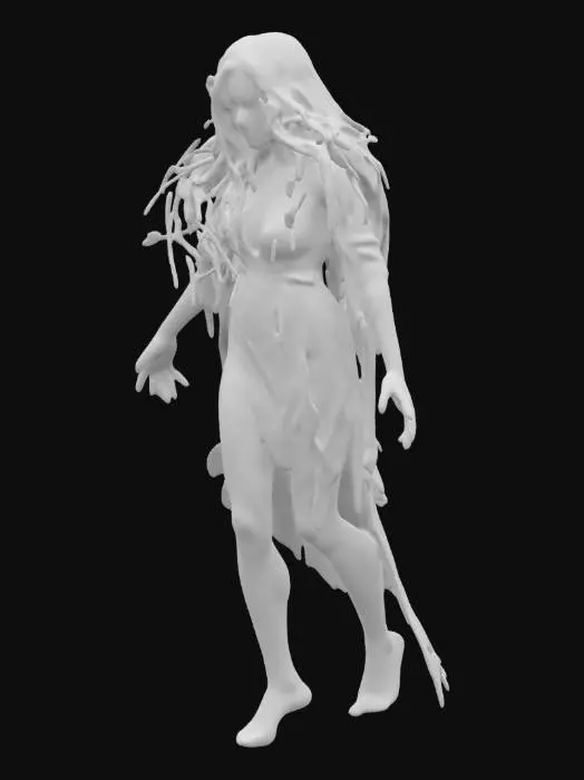 3D model for Die Geisterfrau hat lange, fließende schwarze Haare, die stellenweise wirr und leicht schwebend wirken. Ihre Haut ist blass, fast durchsichtig, mit subtilen blauen Adern. Ihre leeren, leicht leuchtenden Augen verstärken ihr unheimliches Erscheinungsbild. Ihr weißes Gewand ist zerfetzt, hauchdünn und bewegt sich, als würde es im Wind schweben. Ihre Hände sind knochig mit langen, spitzen Fingernägeln. Ihre Bewegungen sind schleichend und geisterhaft, als würde sie über den Boden gleiten.