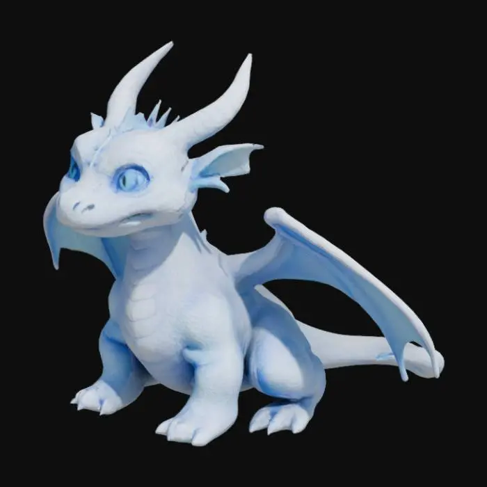 3D model for drache mit dämonischen flügeln, weiße-blaue schuppen, leuchtend blaue augen, vier beine, zwei hörner am kopf, körperbau muskulös, hohe details