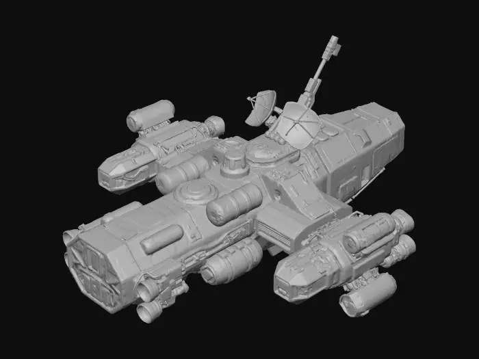 3D model for A mid-sized scientific research spacecraft designed for a video game, clean and functional silhouette, modular hull sections with sensor pods and research equipment, visible mechanical seams and panels. Moderate sci-fi aesthetic without overly futuristic elements. Features external scanning arrays, long-range antennas, small laboratory modules, and adjustable thruster clusters. Matte gray and white surfaces with slight wear, soft blue or green operational lights. Balanced proportions, practical engineering look, minimal ornamentation. Rendered in high detail, 3/4 perspective, sharp silhouette, studio lighting, game-ready design.