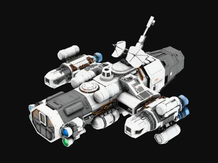 3D model for A mid-sized scientific research spacecraft designed for a video game, clean and functional silhouette, modular hull sections with sensor pods and research equipment, visible mechanical seams and panels. Moderate sci-fi aesthetic without overly futuristic elements. Features external scanning arrays, long-range antennas, small laboratory modules, and adjustable thruster clusters. Matte gray and white surfaces with slight wear, soft blue or green operational lights. Balanced proportions, practical engineering look, minimal ornamentation. Rendered in high detail, 3/4 perspective, sharp silhouette, studio lighting, game-ready design.