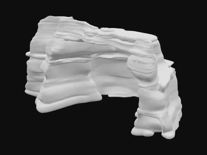 3D model for A majestic sandstone wall, distinguished by its impressive scale and dramatic geological features. It boasts several broad, deeply carved alcove scoops that create sheltered recesses, contrasted by resistant ledge bands that protrude slightly, emphasizing its layered structure. The robust sandstone material exhibits warm, sun-baked ochre and reddish-brown tones, with a finely detailed, granular texture. Its flat back ensures easy integration, and its rugged, solid appearance conveys immense natural strength.