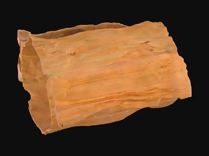 3D model for A compact sandstone alcove bowl featuring a noticeably tighter, deeper cavity. Its surface is detailed with numerous exfoliation chips, revealing fresh layers of rock and contributing to a rough, fractured texture. The underhang of the alcove is distinctively darkened with a natural desert varnish, providing a striking contrast to the lighter ochre and russet tones of the sandstone. The robust material is granular, with a weathered yet solid appearance, perfect for a natural rock formation.